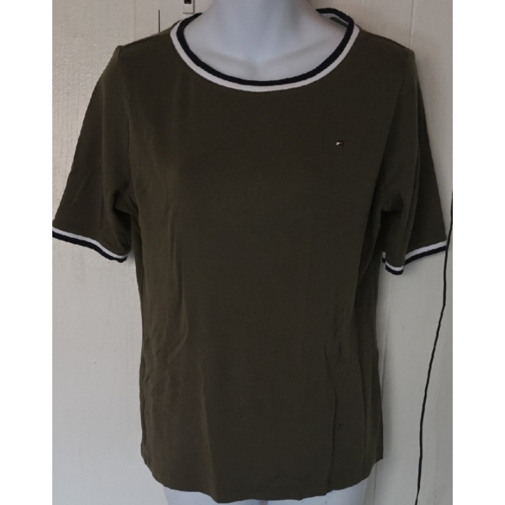 Tommy Hilfiger Olive Short Sleeve Top with White Trim